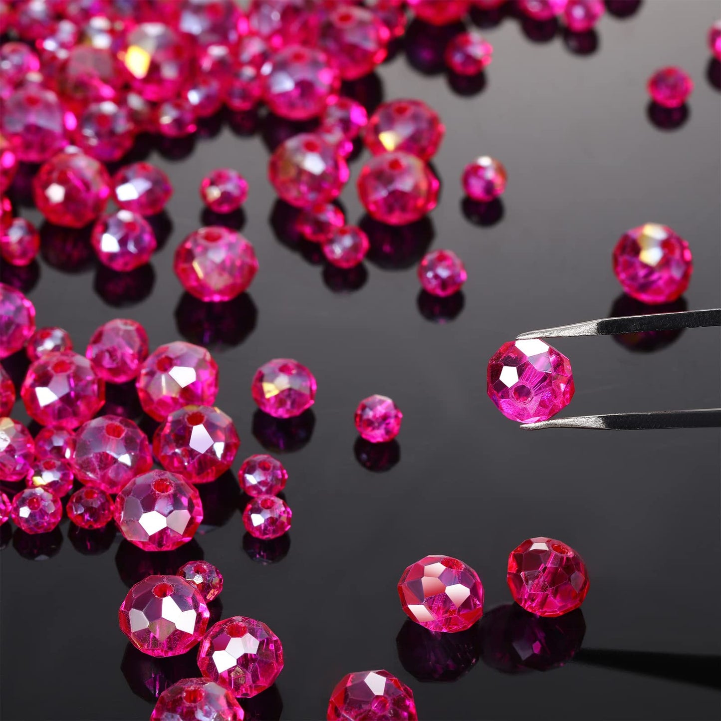WILLBOND 600 Pcs Crystal Glass Beads for Jewelry Making Bulk Suncatcher Faceted Rondelle Loose Gemstone for Valentine's Day, Irish Holiday, Easter Bracelet DIY Crafts 8mm, 6mm, 4mm(Hot Pink)