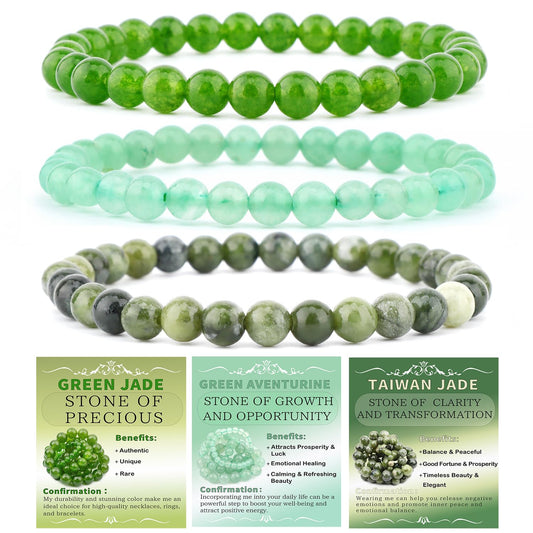NCB 3-Piece 6mm Natural Crystal Gemstone Stretch Bracelets – ﻿Green Jade, Green Aventurine, Taiwan Jade Handmade Reiki Energy Healing Jewelry for Meditation,Yoga, Unisex