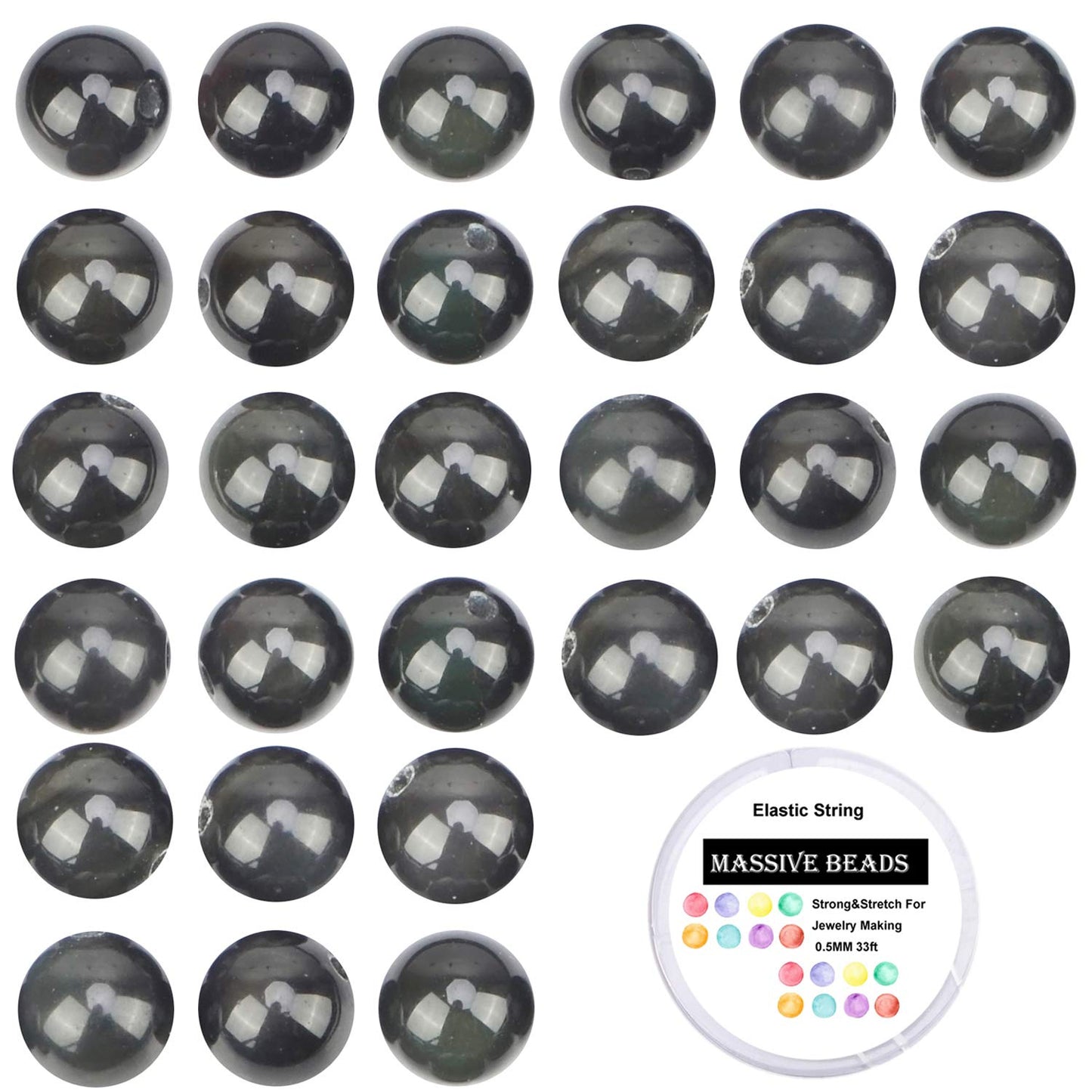 100Pcs Natural Crystal Beads Stone Gemstone Round Loose Energy Healing Beads with Free Crystal Stretch Cord for Jewelry Making (Black Obsidian, 8MM)