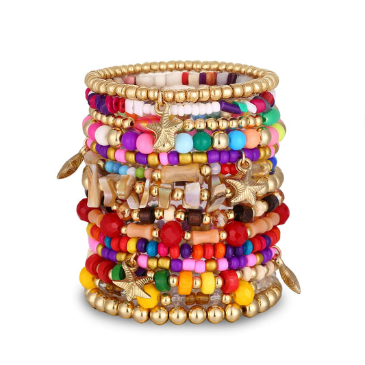 iF YOU 12 Pcs Boho Beaded Bracelets for Women, Brown Orange Bohemian Stackable Gold Bead Stretch Bracelets Stack Jewelry Gift (Colorful beaded bracelets)