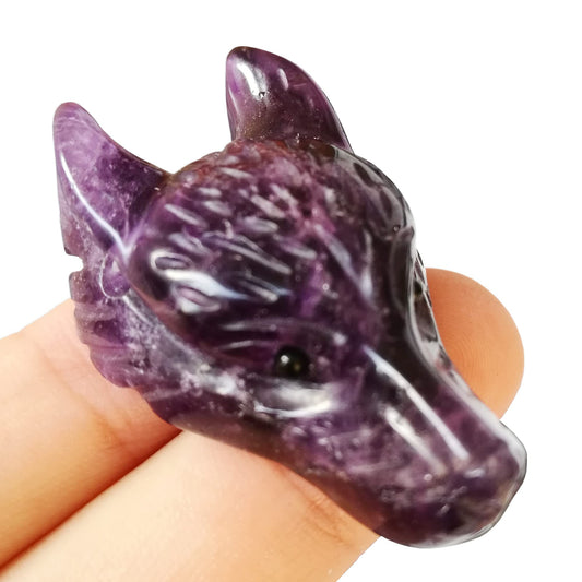Bacatgem Natural Amethyst 1.57 inchs Wolf Head Pocket Crystals and Healing Stone Figurine,Haped DIY-Jewelry Pendant