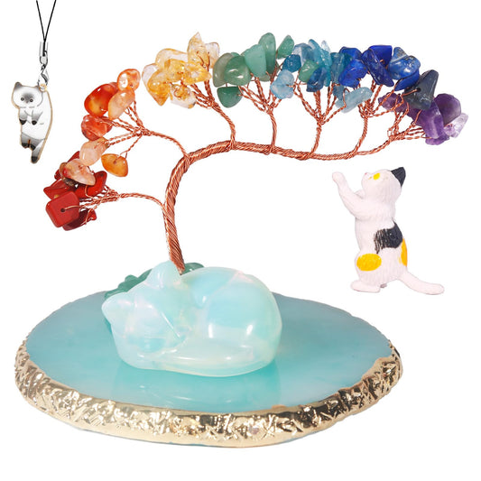 Dreamgirnh Opal Cat Chakra Crystal Tree and Healing Stones Cute Sleeping Cat Statue Lucky Kitten Figurine Office Bedroom Home Desk Fairy Garden Decoration Cat Lovers Gifts for Women (Opal)