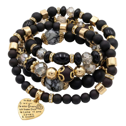 Ysenchan Bohemian Bracelet Set for Women, 4 Pcs Beaded Stackable Bracelets with Heart Charm, Stretch Bracelets, Boho Jewelry Gift – [Black]