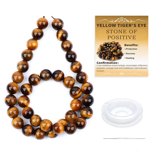CMBYN Natural Stone Beads Round Genuine Real Stone Beading Strand Loose Gemstones DIY Smooth Bead for Bracelet Necklace Earrings Jewelry Making (Yellow Tiger's Eye, 10mm 36 Pieces)