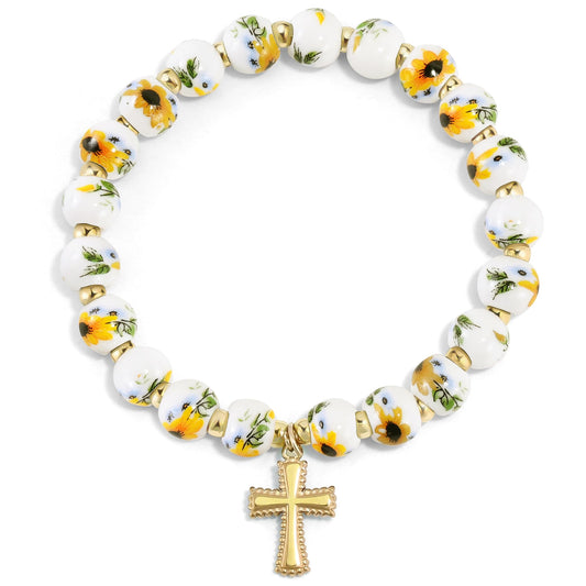 VIBILIA Cross Bracelets for Women, Cross Charm Vintage Jewelry, Sunflower Beaded Bracelet, Gold Handmade Stretch Jesus Baptism Christian Birthday Gifts for Women on Easter Mother's Day, Sunflower