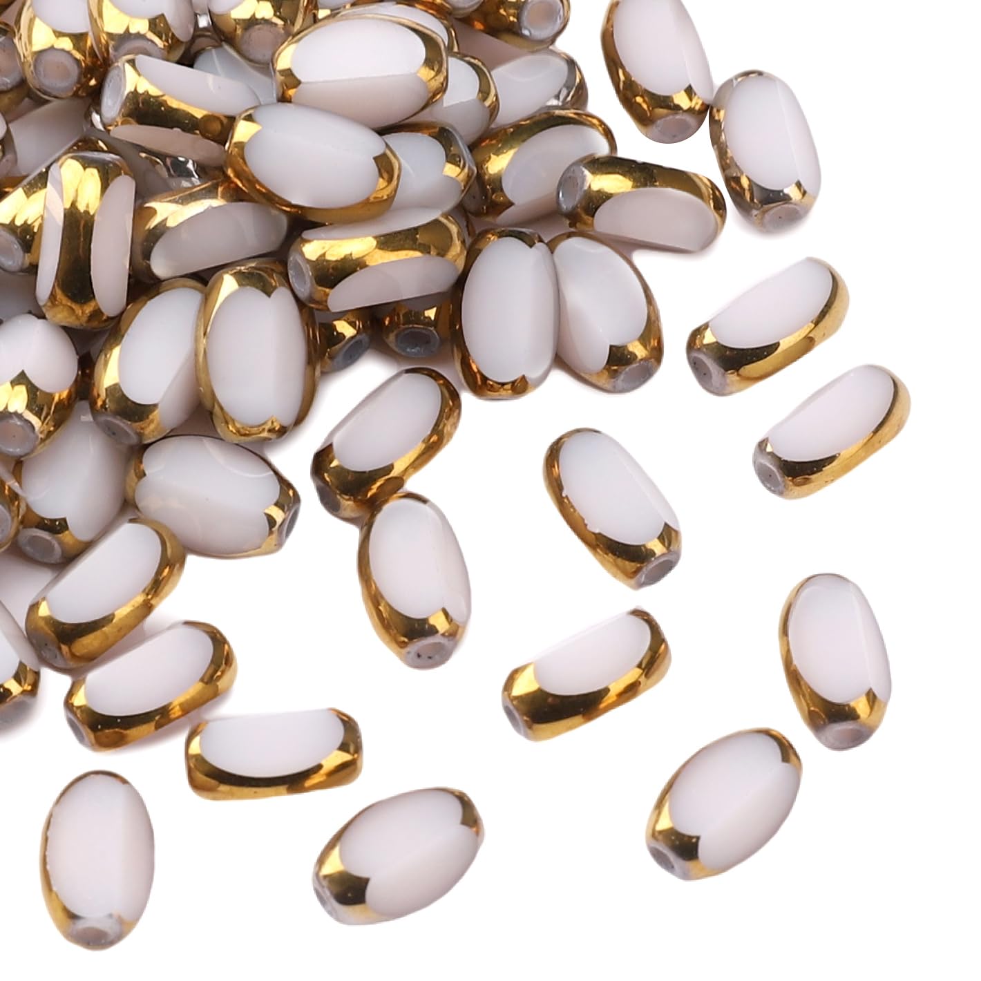 DADIFEN Glass Rice Beads White 4x6mm 50pcs Faceted Oval Golden Edge Crystal Loose Beads for DIY Craft Jewelry Making