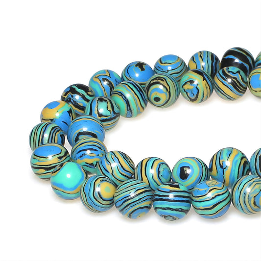 MJDCB Synthesis Colour Malachite Beads Beautiful Fashion Round Stone Beads for DIY Jewelry Making 15" (8mm, Blue- Gold - Black)
