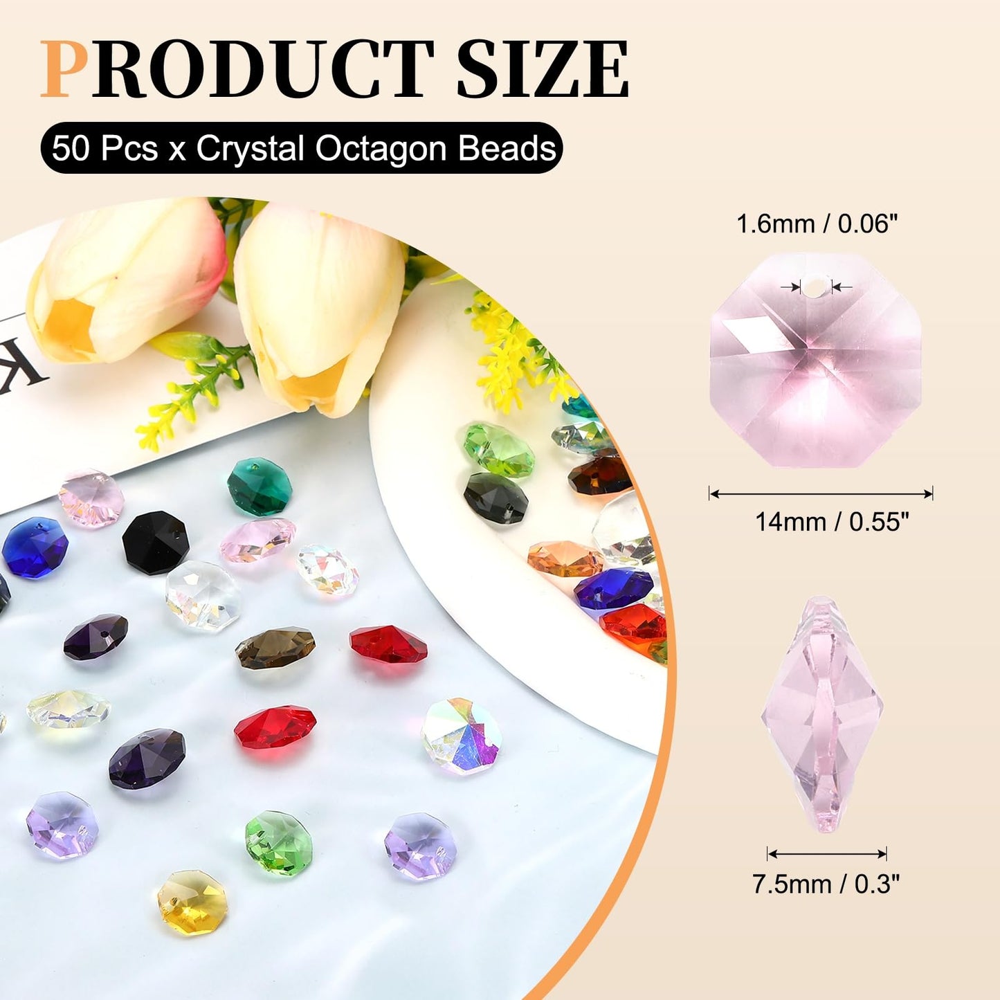 uxcell 50Pcs 1 Hole Crystal Octagon Beads, 14mm K9 Glass Hanging Chandelier Beads Prisms Parts for Crystal Chandeliers Lamp Hanging Pendant Jewelry DIY Craft, Pink