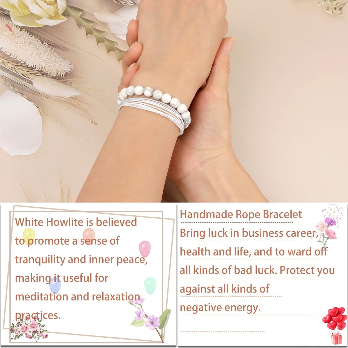 LPBeads 8mm White Howlite Bracelet with Handmade Rope Bracelet Size Adjustable Natural Stone Crystal Healing Bracelets Gifts for Unisex Adults