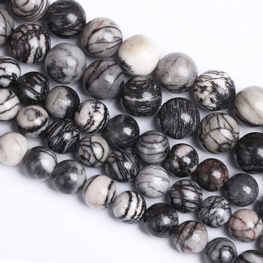 6MM 60PCS Natural Stone Black Network Zebra Loose Beads for Jewelry Making DIY Bracelet 1 Strand