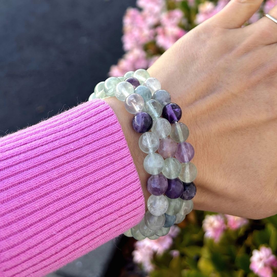 Adabele Real Natural Multicolor Fluorite Gemstone Beaded Bracelet 8.5 inch Stretch Chakra Healing Crystal Stone Jewelry Women Mom Gift GB8-D2