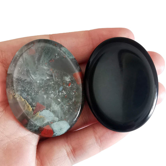 Loveliome Black Obsidian and Africa Bloodstone Thumb Worry Stone, Stress Relax Healing Reiki Crystal Pocket Palm Stones,Pack of 2
