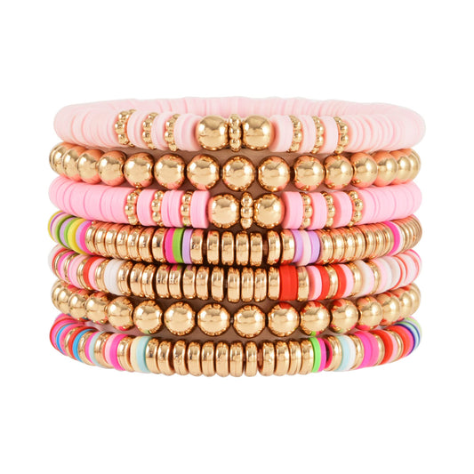 GOOJIDS Surfer Heishi Clay Bead Bracelets for Women Bohemian Stackable Gold Plated Beaded Stretch Bracelets Elastic Layering Friendship Bracelets Set Boho Jewelry