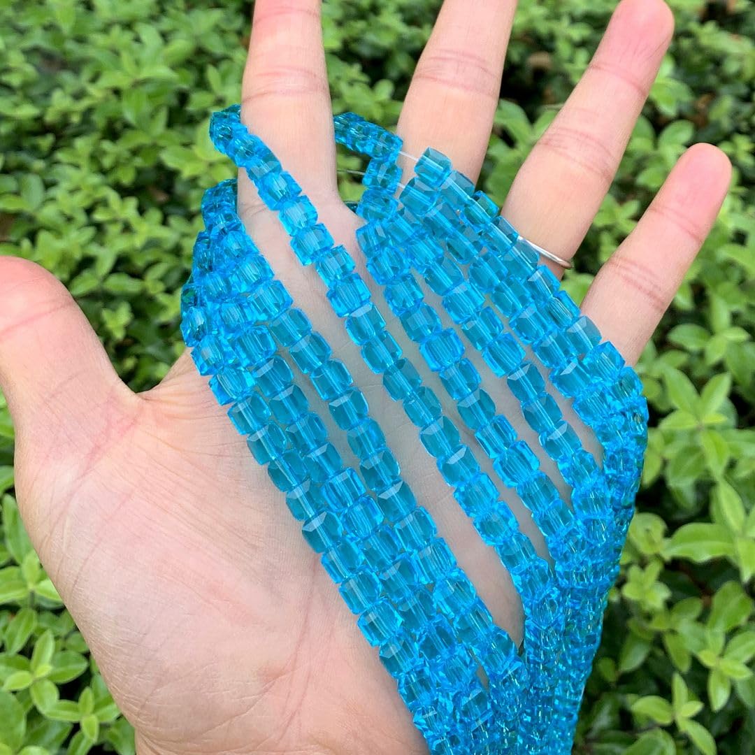 200pcs Czech Faceted Cube Crystal Glass Loose Beads Spacer Bulk 6mm (0.24 Inch) Aqua Blue for DIY Jewelry Craft Making CCC610