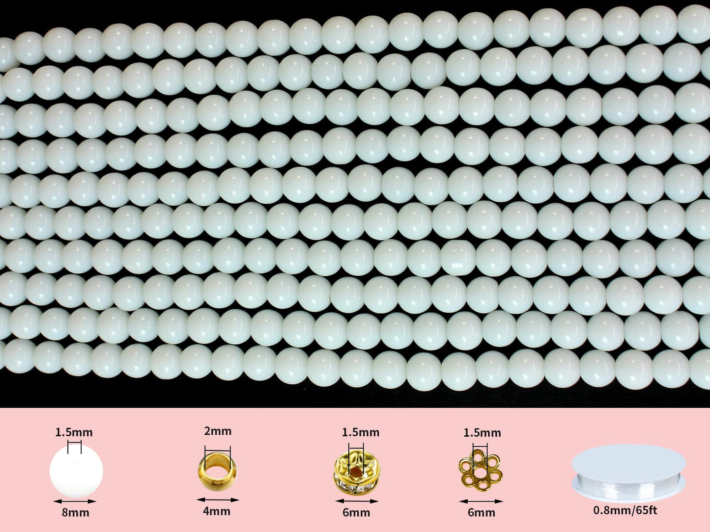 Pamir Tong 650PCS 8mm Snow White Glass Beads for Jewelry Making,Round Smooth Beads, Bracelet Space Loose Beads for Earring, Necklaces-Adult Craft Supplies
