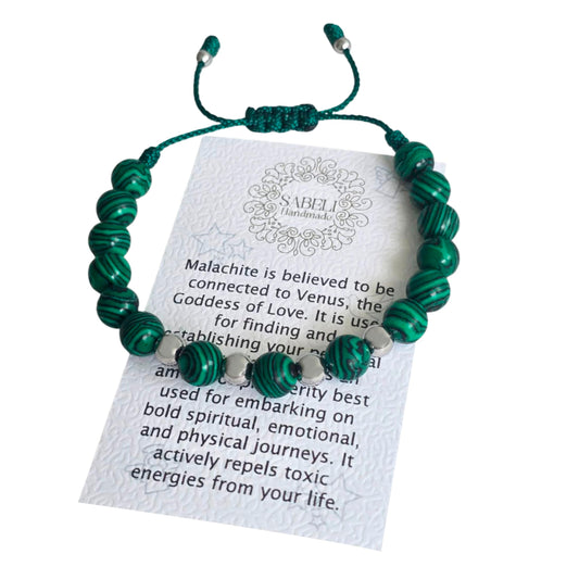 Sabeli Handmade Bracelets Real Natural Stones Healing Protection Focus 8mm Bead Adjustable Macrame Women Men Gemstone Gift (Malachite)