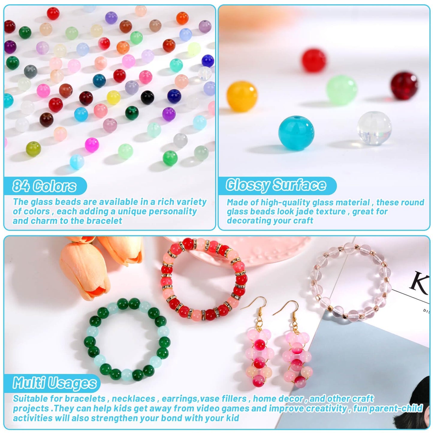 shynek 2100 Pieces 8mm Round Glass Beads for Bracelets, 84 Colors Crystal Glass Beads for Jewelry Making and DIY Crafts