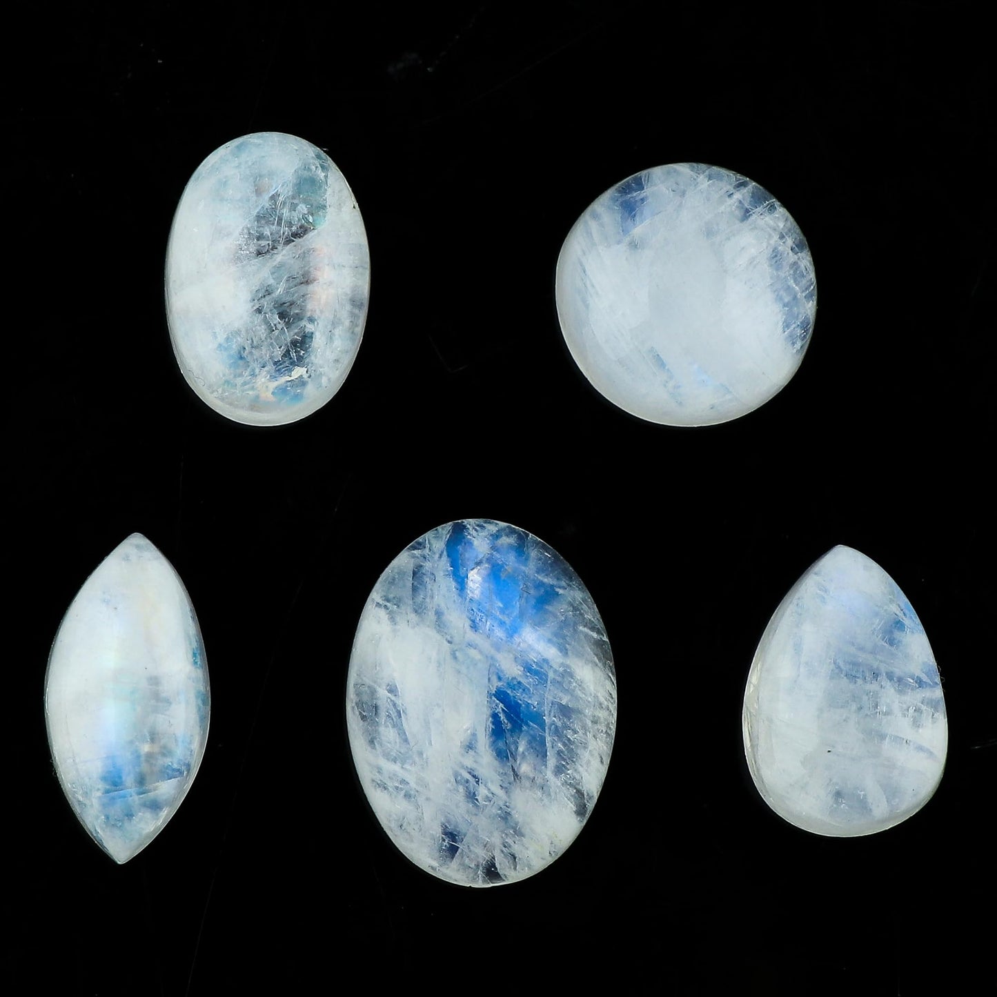 CRYSTALINES (5pcs) Natural Rainbow Moonstone Gemstone, Bulk Cabochon for Jewelry Making, Wholesale Loose Supplies, Wicca & Reiki Healing Crystals, Wire Wrapping, Decoration, Gem Collector