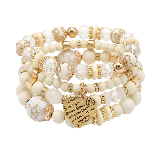 Ysenchan Bohemian Bracelet Set for Women, 4 Pcs Beaded Stackable Bracelets with Heart Charm, Stretch Bracelets, Boho Jewelry Gift – [White]