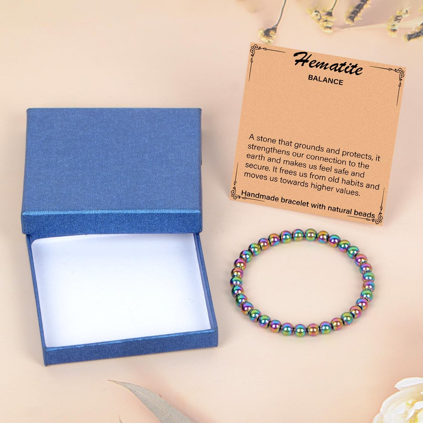 LPBeads Handmade Natural Gemstone Stretch Elastic 6mm Rainbow Coated Hematite Bracelet Healing Crystal Round Stone Beads Jewelry Gifts for Women Men