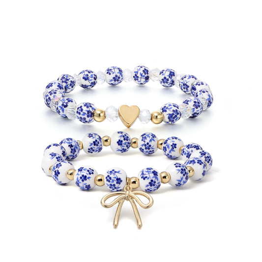 Dainty Bow Charm Beads Bracelet for Women Blue And White Vintage Ceramics Flower Bracelet Handmade Stretch Cute Beaded Romantic stackable Jewelry Gifts