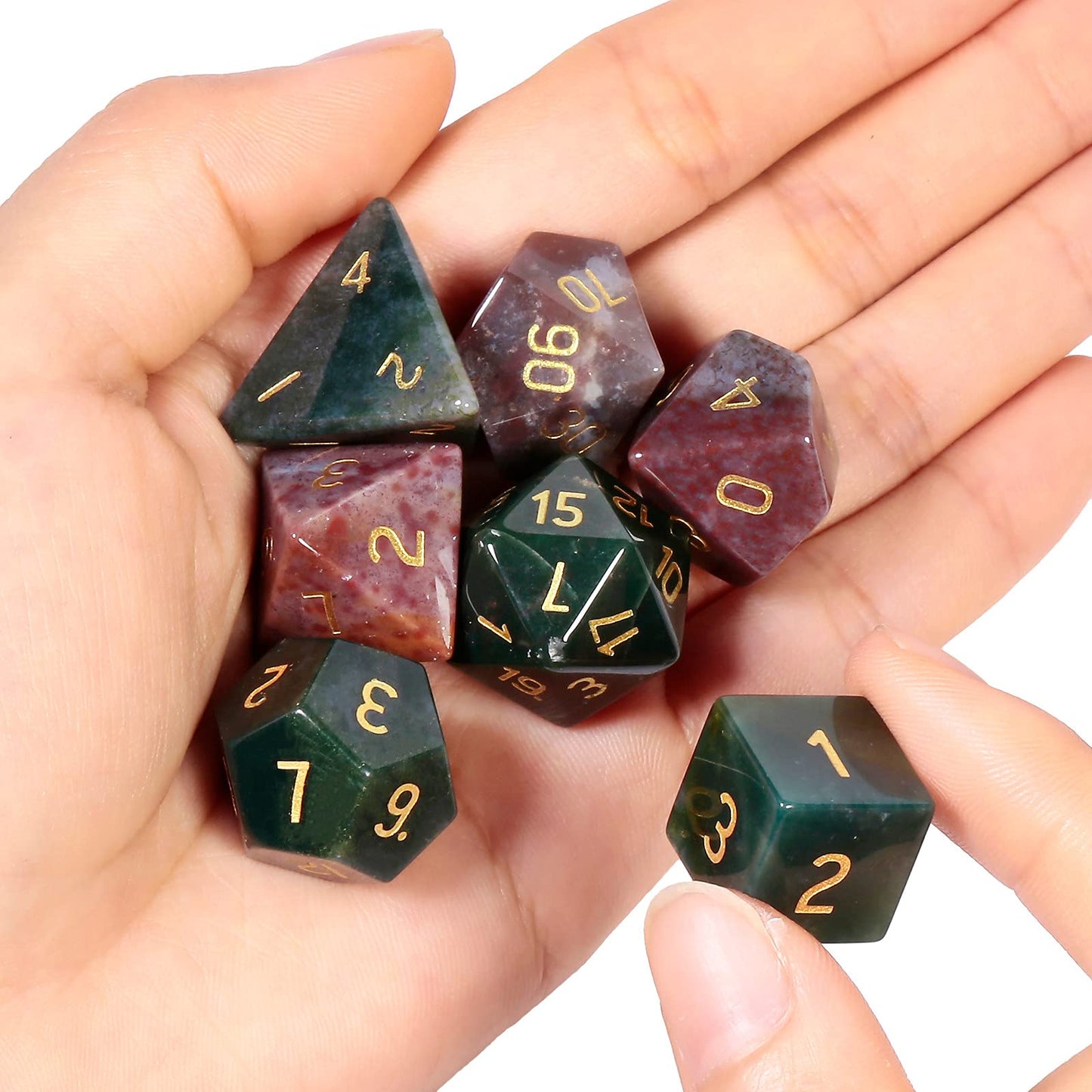 mookaitedecor 7 PCS Indian Agate Crystal Polyhedral DND Dice Set, Polished Tumbled Stones Dices for RPG MTG Table Games Home Decoration
