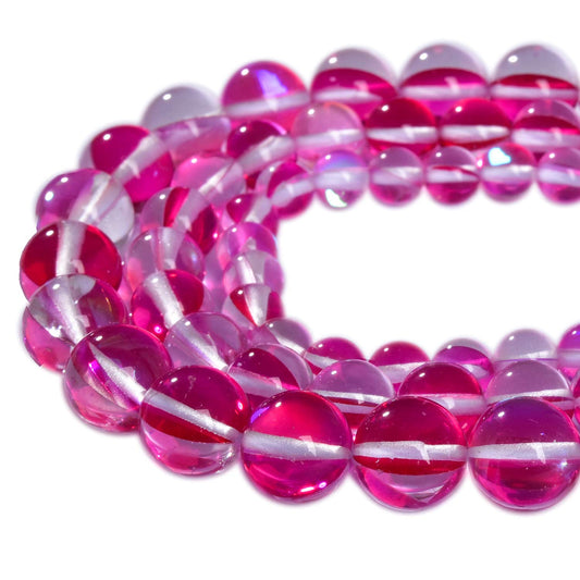 Asingeloo 48PCS 8mm Red Angel Aura Round Gemstones Polished Mermaid Aura Moonstone Bead Smooth Stone Loose Beads Crystal Quartz for DIY Jewelry Making 1 Strand 15”
