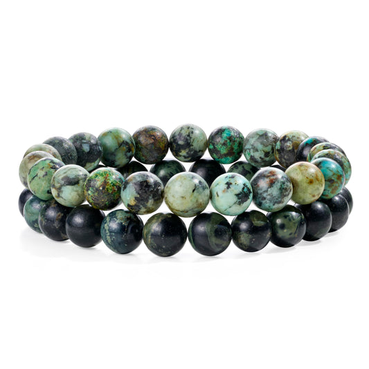 Bivei Natural Gemstone Semi Precious Crystals Handmade Stretchy Round Beads Bracelet, Enhance Positive Energy,Stocking Stuffers for Women(African Turquoise & Kambaba Jasper(Peace & Prosperity)Medium)