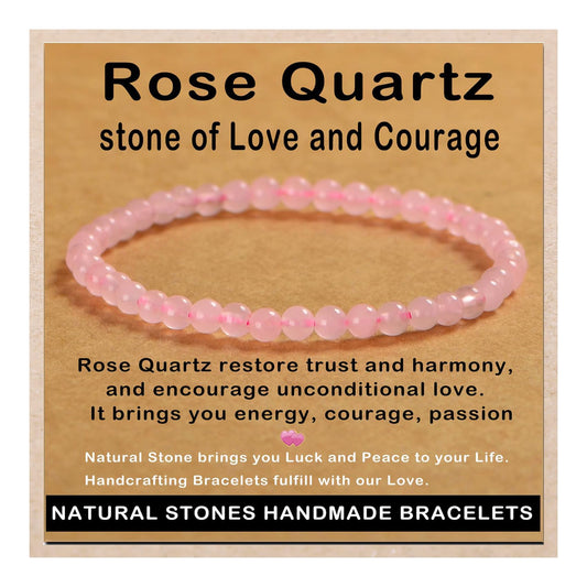 AD Beads Handmade Gemstone Stretch Elastic Bracelet Crystal Healing Reiki Nature's Beauty and Spiritual Essence Unisex (4mm, Rose Quartz)