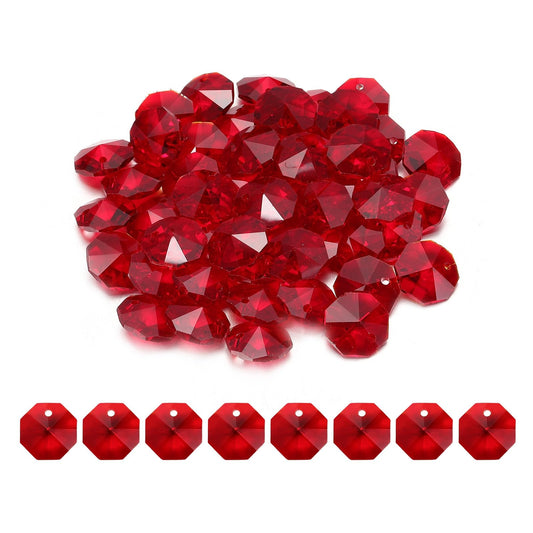 uxcell 50Pcs 1 Hole Crystal Octagon Beads, 14mm K9 Glass Hanging Chandelier Beads Prisms Parts for Crystal Chandeliers Lamp Hanging Pendant Jewelry DIY Craft, Dark Red