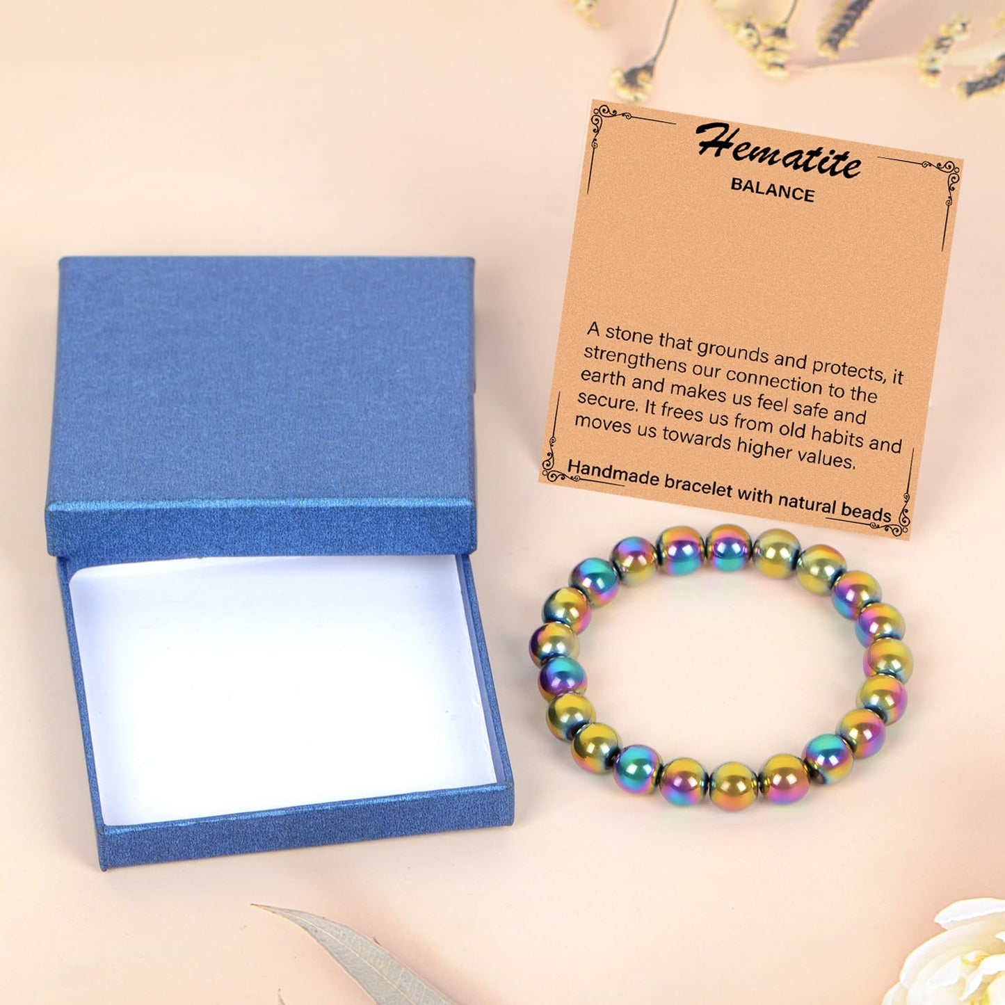 LPBeads Handmade Natural Gemstone Stretch Elastic 10mmm Rainbow Coated Hematite Bracelet Healing Crystal Round Stone Beads Jewelry Gifts for Women Men