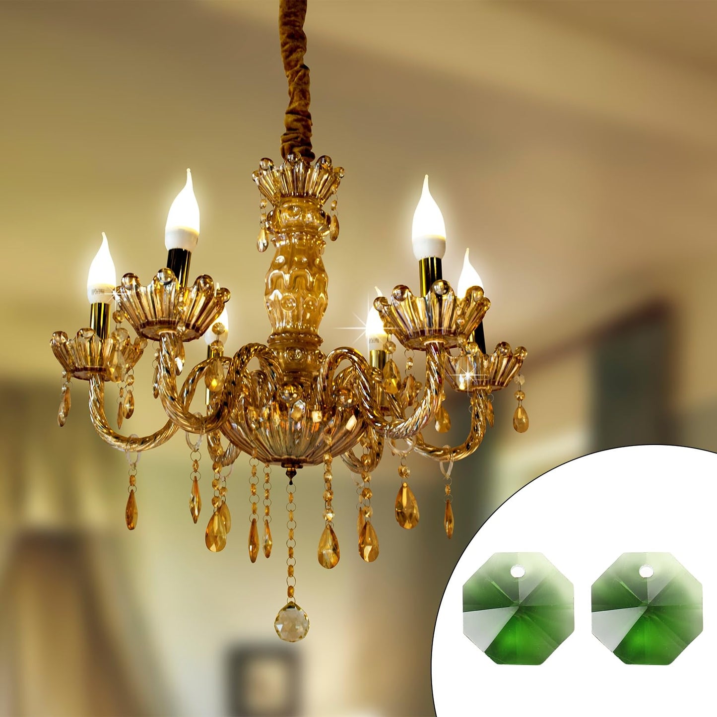 uxcell 50Pcs 1 Hole Crystal Octagon Beads, 14mm K9 Glass Hanging Chandelier Beads Prisms Parts for Crystal Chandeliers Lamp Hanging Pendant Jewelry DIY Craft, Olive Green