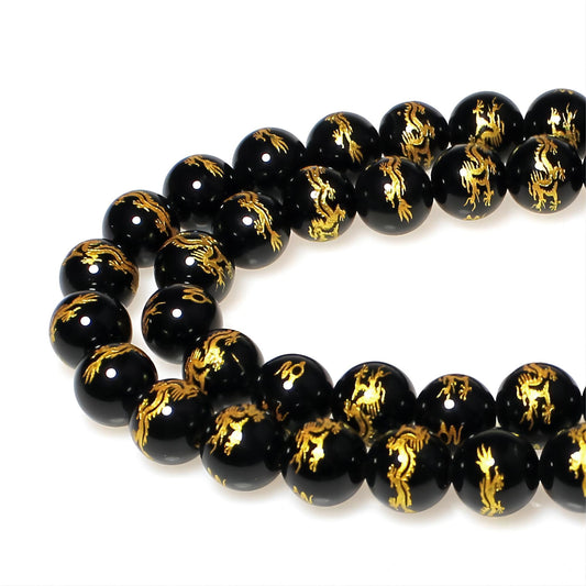 MJDCB Natural Stone Beads 8mm 43pcs Round Black Onyx Carved Dragon Loose Gemstone Bead Charms for Jewelry Making Bracelet Necklace Earring Pendant