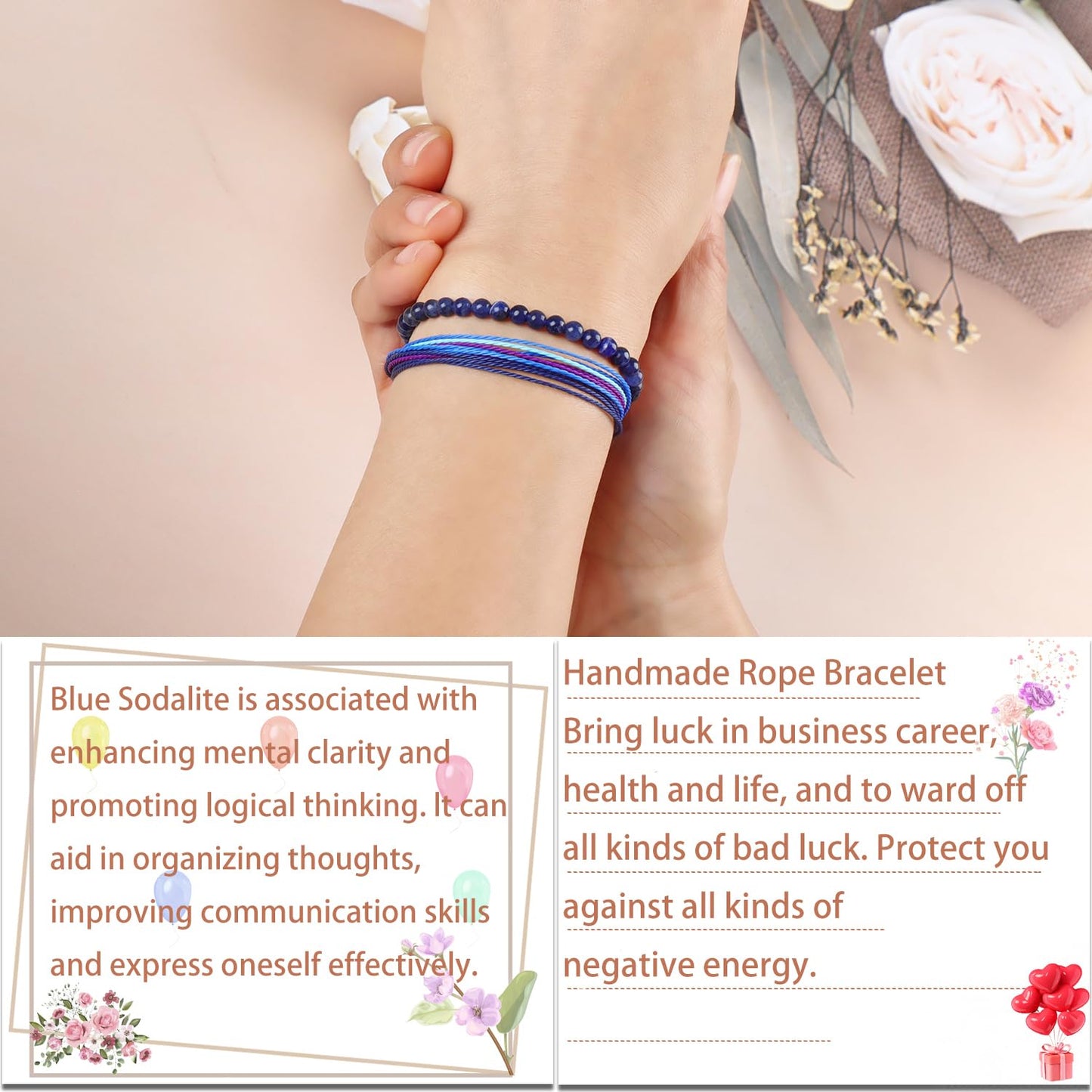 LPBeads 4mm Blue Sodalite Bracelet with Handmade Rope Bracelet Size Adjustable Natural Stone Crystal Healing Bracelets Gifts for Unisex Adults