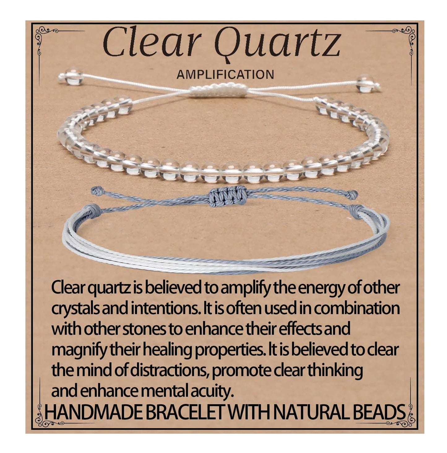 LPBeads 4mm Clear Quartz Bracelet with Handmade Rope Bracelet Size Adjustable Natural Stone Crystal Healing Bracelets Gifts for Unisex Adults