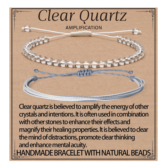 LPBeads 4mm Clear Quartz Bracelet with Handmade Rope Bracelet Size Adjustable Natural Stone Crystal Healing Bracelets Gifts for Unisex Adults