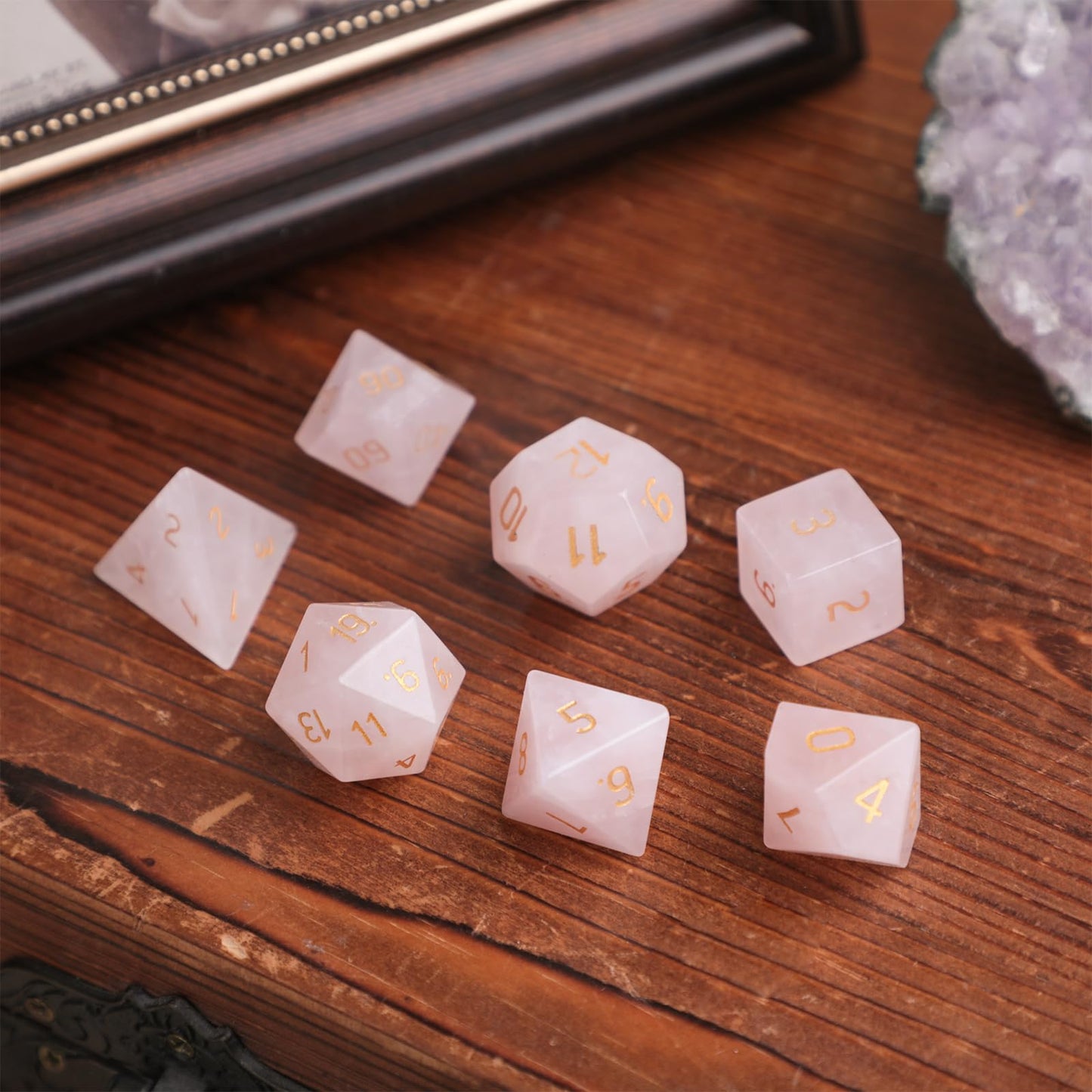 mookaitedecor 7 PCS Rose Quartz Crystal Polyhedral DND Dice Set, Polished Tumbled Stones Dices for RPG MTG Table Games Home Decoration