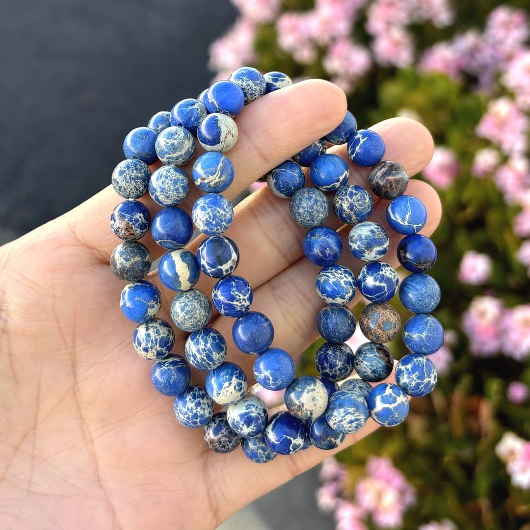 Adabele Real Natural Blue Impression Aqua Terra Sea Sediment Jasper Gemstone Beaded Bracelet 8.5 inch Stretch Chakra Healing Crystal Stone Jewelry Women Mom Gift GB8-D3