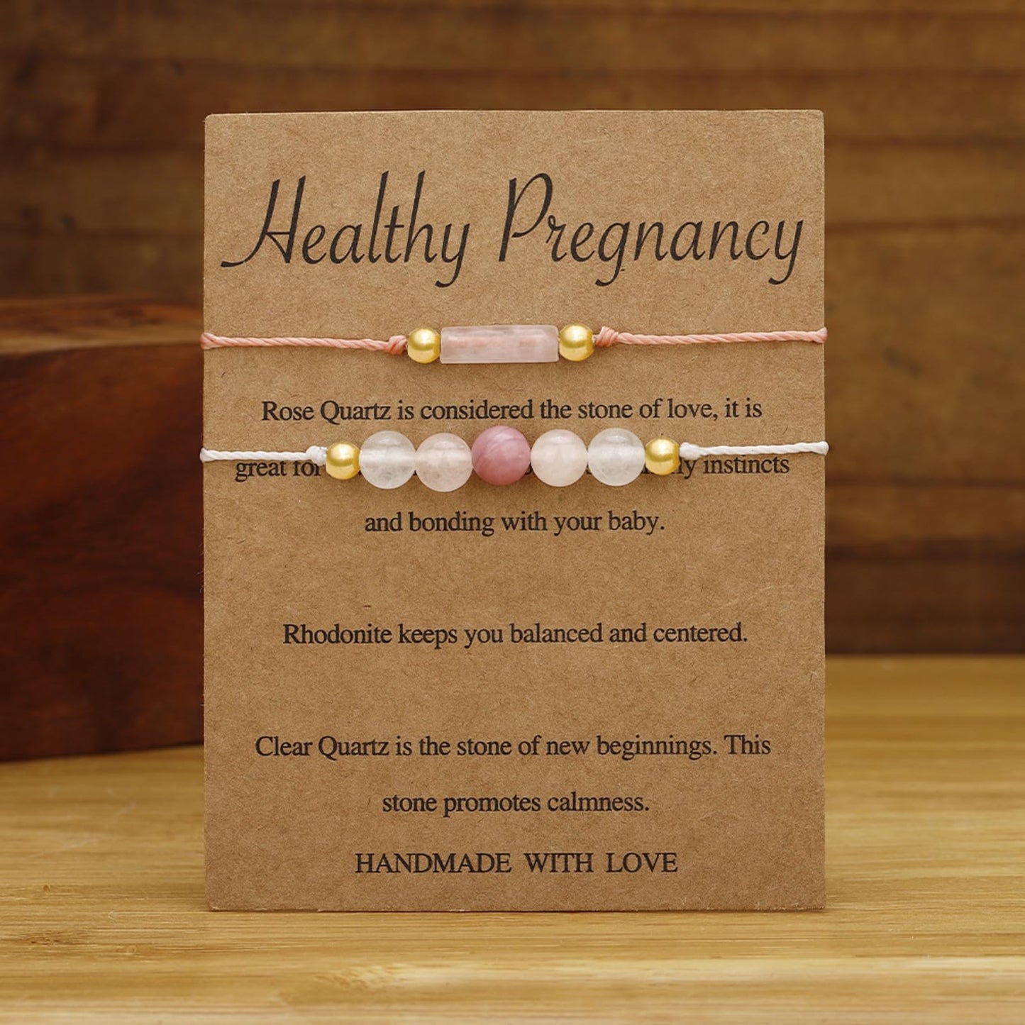 IQIC Handmade Fertility & Pregnancy Bracelet with Natural Rose Quartz, Aquamarine & Moonstone, Healing Crystal Bracelet for Pregnant Women, Comes with Blessing Card for Safe Delivery & New Beginnings