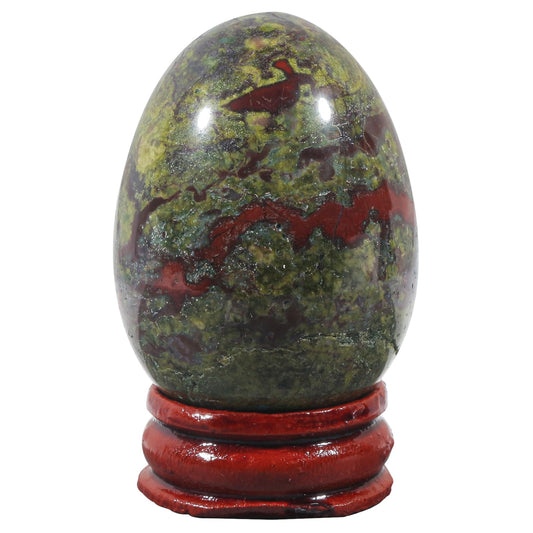 Fekuar Stone Egg Figurine, Polished Healing Crystal Easter Eggs Sphere Sculpture with Wood Stand, Natural Dragon Bloodstone, 1.8"