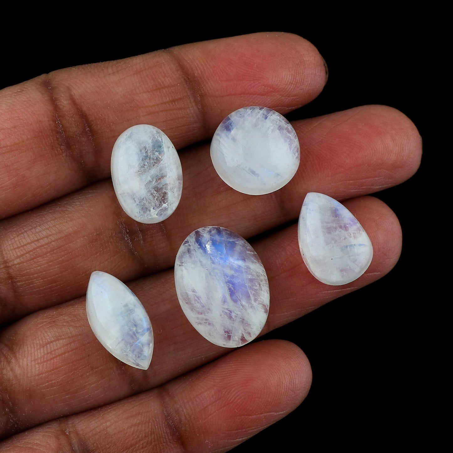 CRYSTALINES (5pcs) Natural Rainbow Moonstone Gemstone, Bulk Cabochon for Jewelry Making, Wholesale Loose Supplies, Wicca & Reiki Healing Crystals, Wire Wrapping, Decoration, Gem Collector