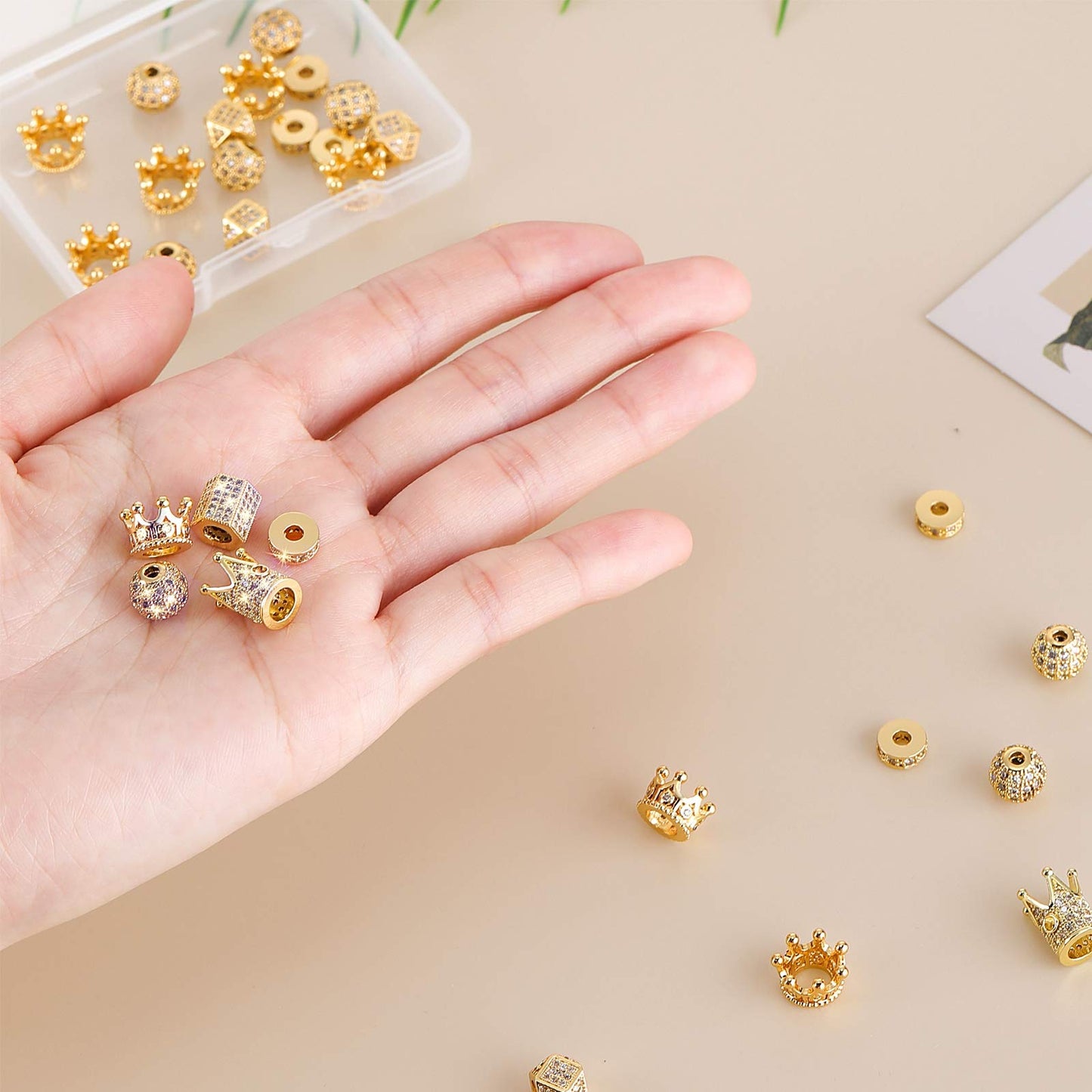 40 Pieces King Crown Charms 8mm Round Rhinestone Beads Hexagon Big Hole Spacer Beads Bracelet Connector for DIY Xmas Jewelry Crafts Making (Gold with White Zircon)