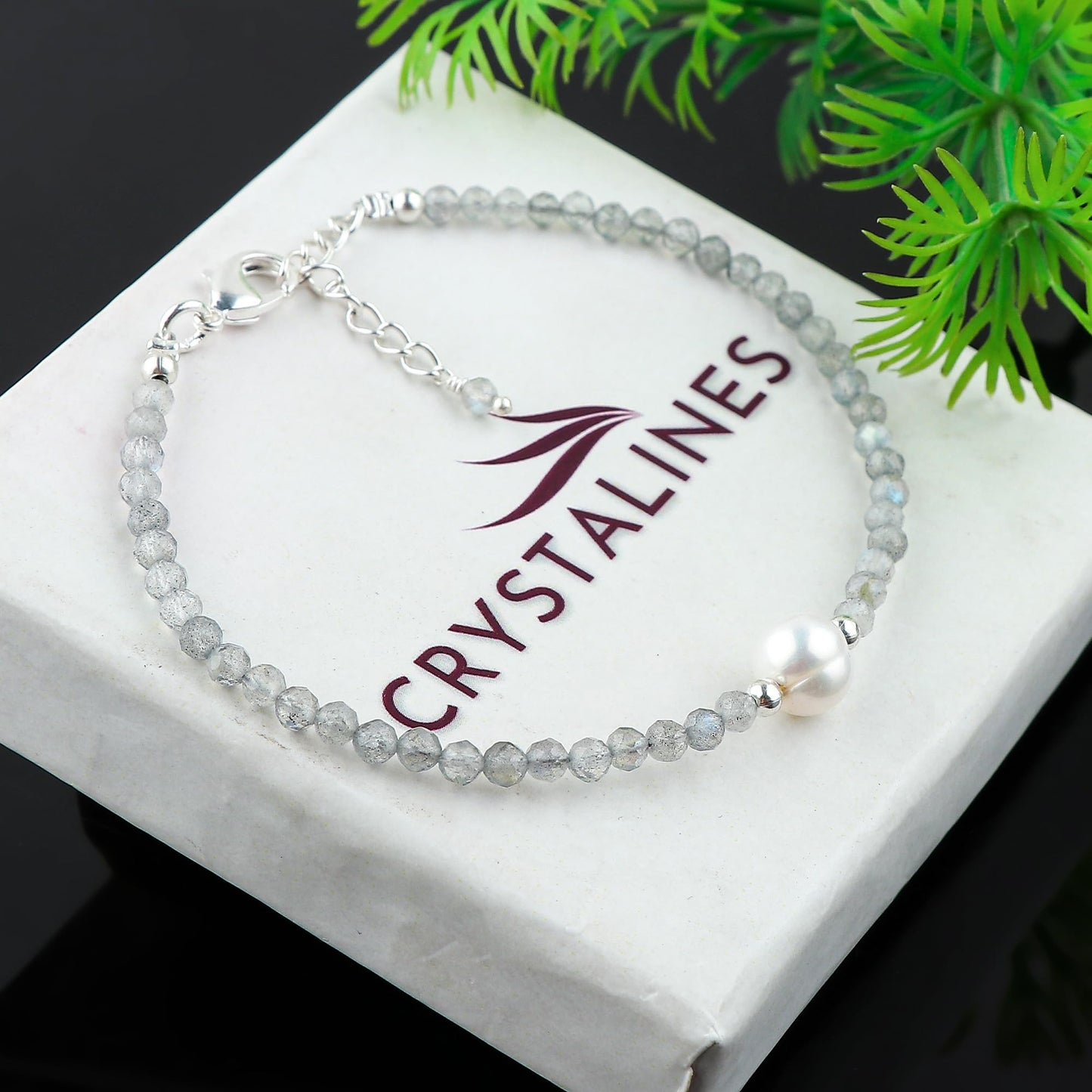 CRYSTALINES Natural Labradorite Gemstone Bracelet, Cultured Pearls Beads Stones, Handmade Hypoallergenic Boho Jewelry for Women, Healing Crystals, Adjustable Silver Plated 7+1inch, Birthday Gift