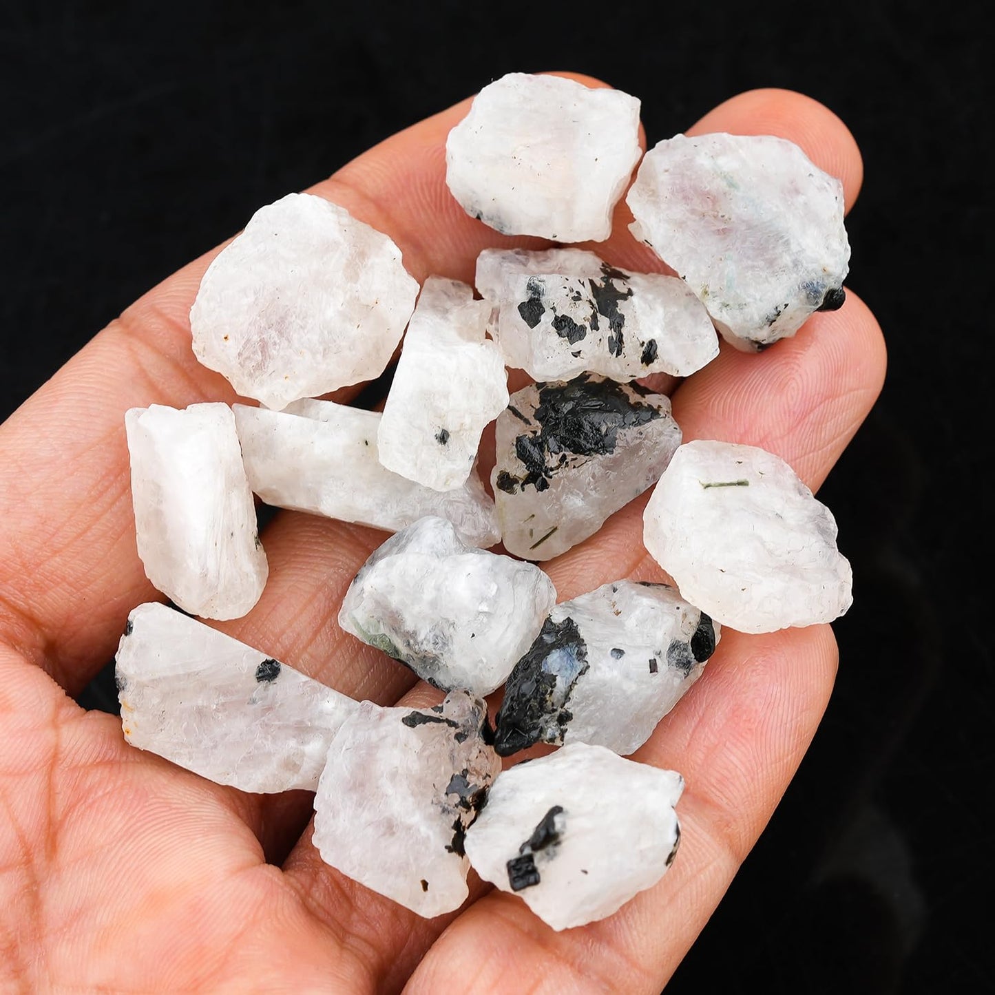ColouredRocks 20pcs. Tourmilated Moonstone Crystals, Raw Stones, Rough Gemstones, Jewelry Making Supply, Cabbing, Polishing, Cutting, DIY, Crafts (200+ carats.) (14-18mm)