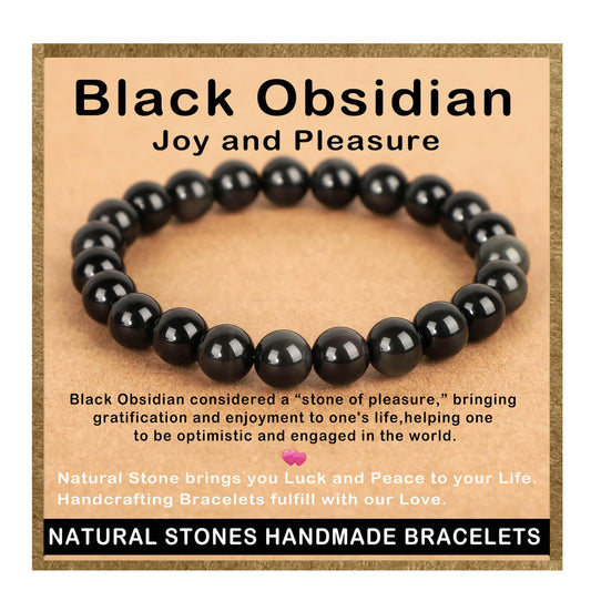 AD Beads Handmade Gemstone Stretch Elastic Bracelet Crystal Healing Reiki Nature's Beauty and Spiritual Essence Unisex (8mm, Black Obsidian (Pleasure))