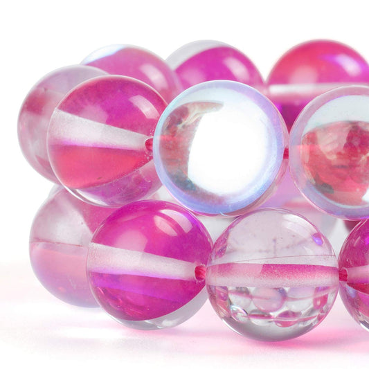 RUBYCA Round Moonstone Crystal Glass Beads Aura Iridescent for Jewelry Making (1 Strand, 10mm, Pink)