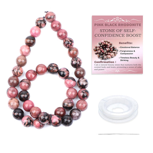 CMBYN Natural Stone Beads Round Genuine Real Stone Beading Strand Loose Gemstones DIY Smooth Bead for Bracelet Necklace Earrings Jewelry Making (Pink Black Rhodonite, 10mm 36 Pieces)