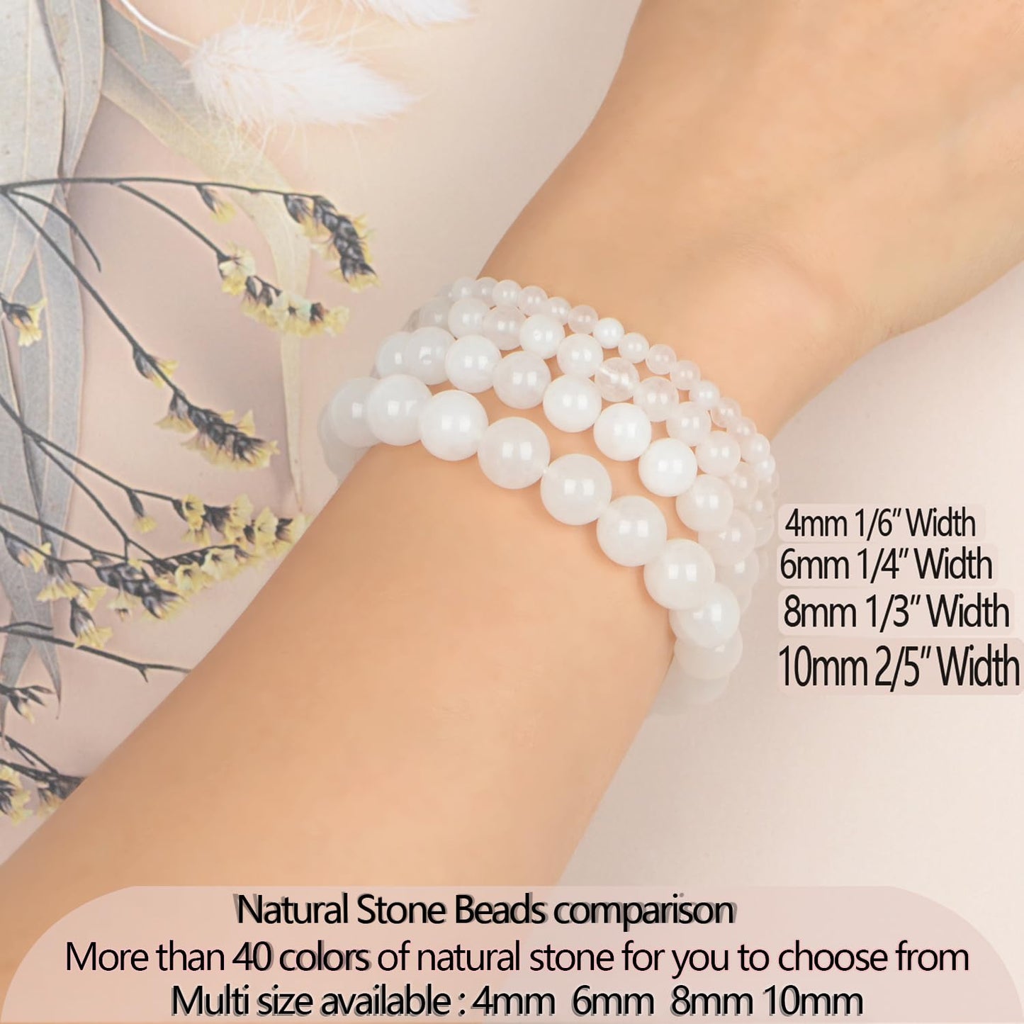 LPBeads Handmade Natural Gemstone Stretch Elastic 6m White Jade Bracelet Healing Crystal Round Stone Beads Jewelry Gifts for Women Men