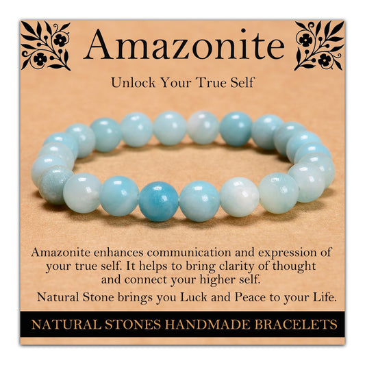 Handmade Natural Gemstone Elastic Bracelet - Healing Crystal Beads Jewelry, Unisex (Amazonite, 8mm)