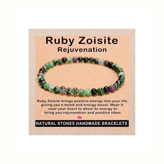 AD Beads Handmade Gemstone Stretch Elastic Bracelet Crystal Healing Reiki Nature's Beauty and Spiritual Essence Unisex (4mm, Ruby Zoisite (Rejuvenation))
